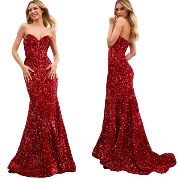 Sherri Hill Dress Sequin Formal Mermaid Gown Corset Prom Train - Picture 1 of 13